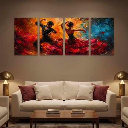 Four-panel flamenco dancer canvas art above a cream sofa in a taupe living room lit by brass lamps - Portugal Canvas Co