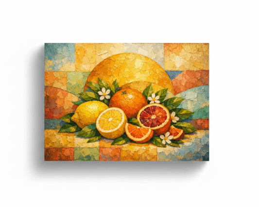 Citrus fruit still life canvas wall art with lemons and oranges on white background - Portugal Canvas Co
