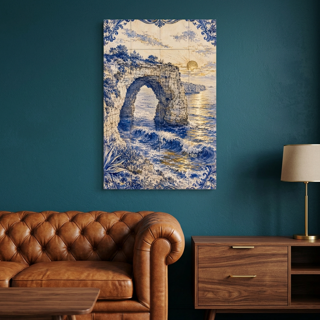 Azulejo-style coastal rock arch sunset canvas on a petrol-blue living room wall above a cognac sofa - Portugal Canvas Co