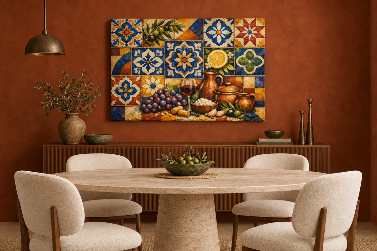 Mediterranean mosaic still life gallery-wrapped canvas above a sideboard in terracotta dining room - Portugal Canvas Co