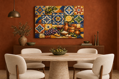 Mediterranean mosaic still life gallery-wrapped canvas above a sideboard in terracotta dining room - Portugal Canvas Co