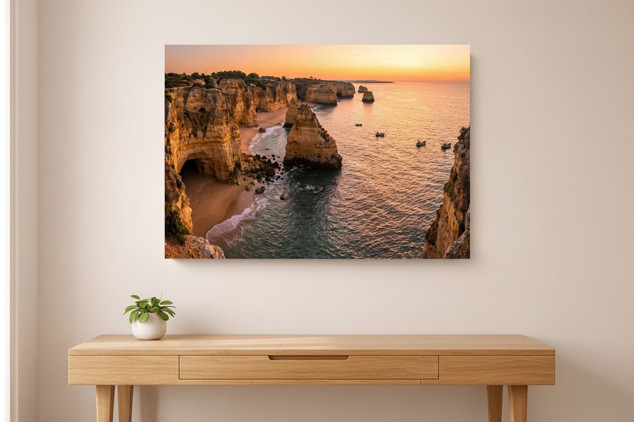 Algarve Praia da Marinha aerial view golden cliffs sea arches canvas wall art displayed above a wooden desk in a warm minimalist home study - Portugal Canvas Co