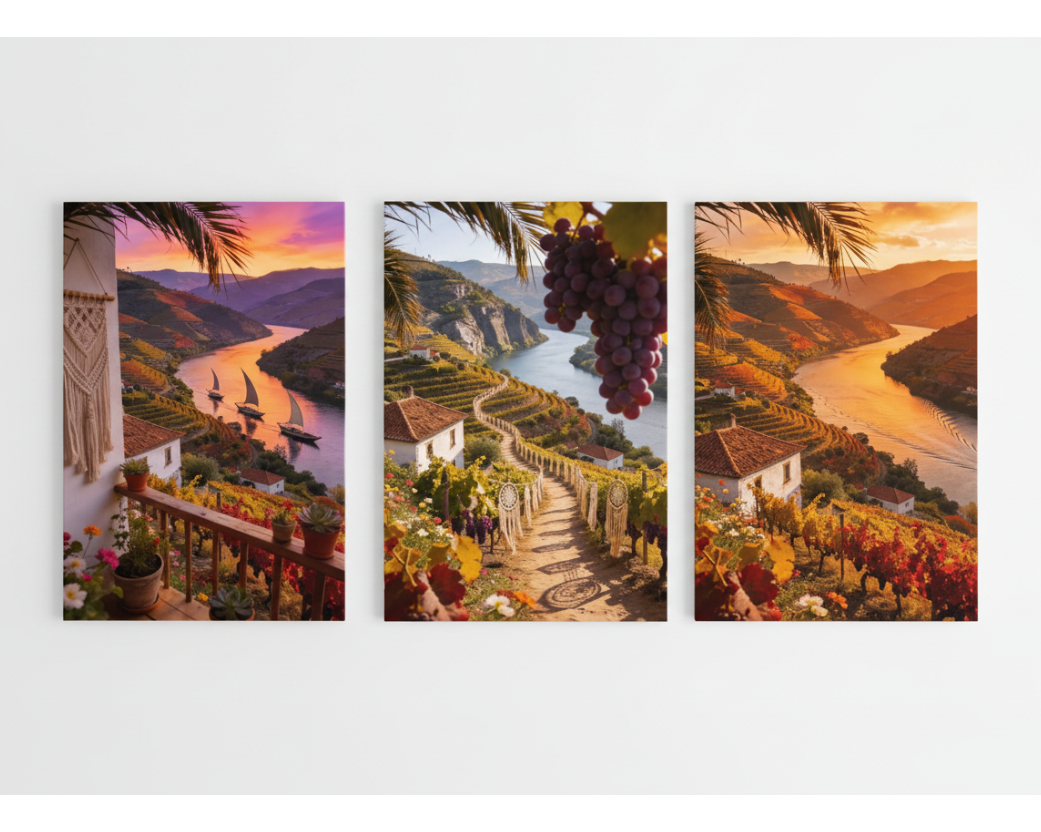Douro Valley vineyard triptych canvas wall art set with river terraces and golden sunset flat lay on white background - Portugal Canvas Co