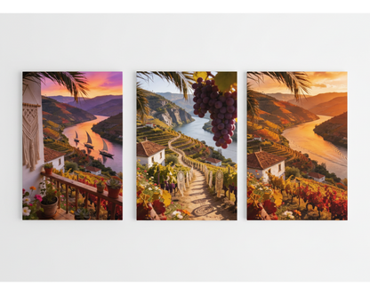 Douro Valley vineyard triptych canvas wall art set with river terraces and golden sunset flat lay on white background - Portugal Canvas Co