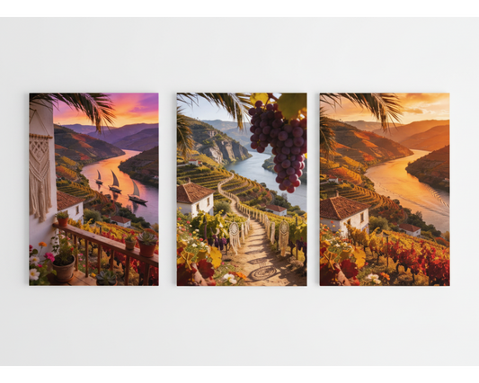 Douro Valley vineyard triptych canvas wall art set with river terraces and golden sunset flat lay on white background - Portugal Canvas Co