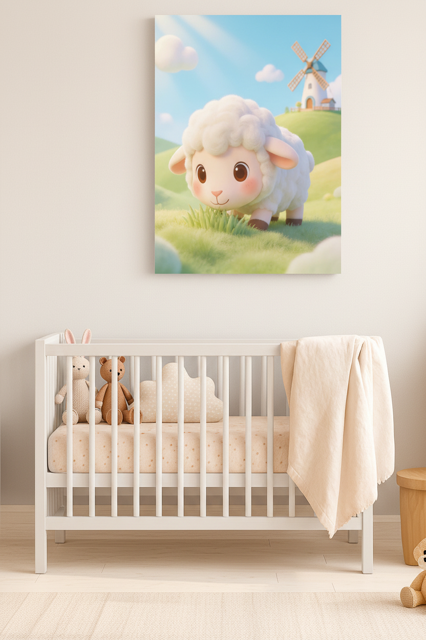 Cute baby lamb nursery canvas wall art displayed above a white crib in a Scandinavian nursery - Portugal Canvas Co