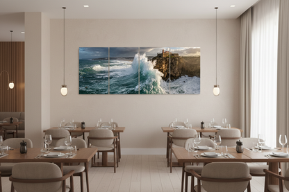 Four-panel coastal lighthouse canvas wall art in an upscale restaurant - Portugal Canvas Co