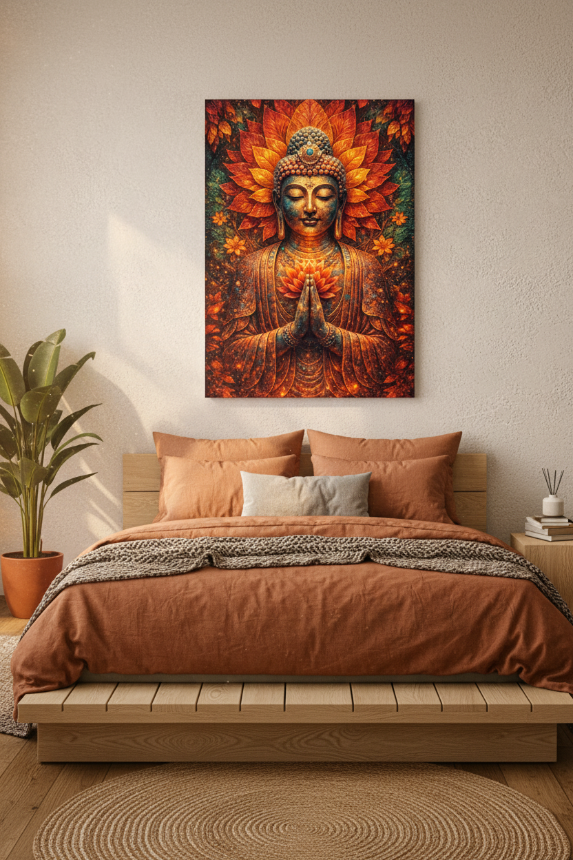 Golden serenity Buddha radiant lotus meditation canvas wall art above a wooden platform bed with terracotta linen in a serene minimalist bedroom - Portugal Canvas Co