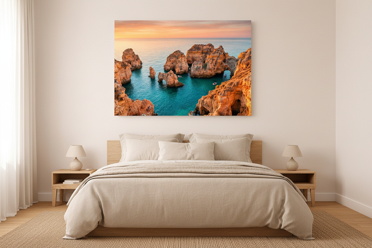 Algarve Ponta da Piedade golden rock formations sea arches canvas wall art displayed above a bed in a bright minimalist bedroom - Portugal Canvas Co