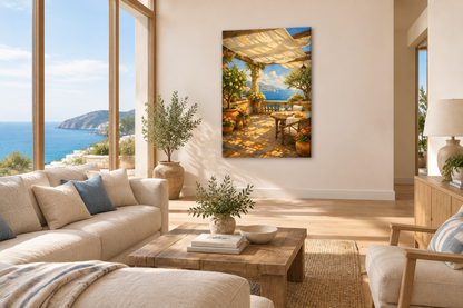 Mediterranean pergola terrace canvas wall art above a beige sofa in a coastal living room with ocean view - Portugal Canvas Co