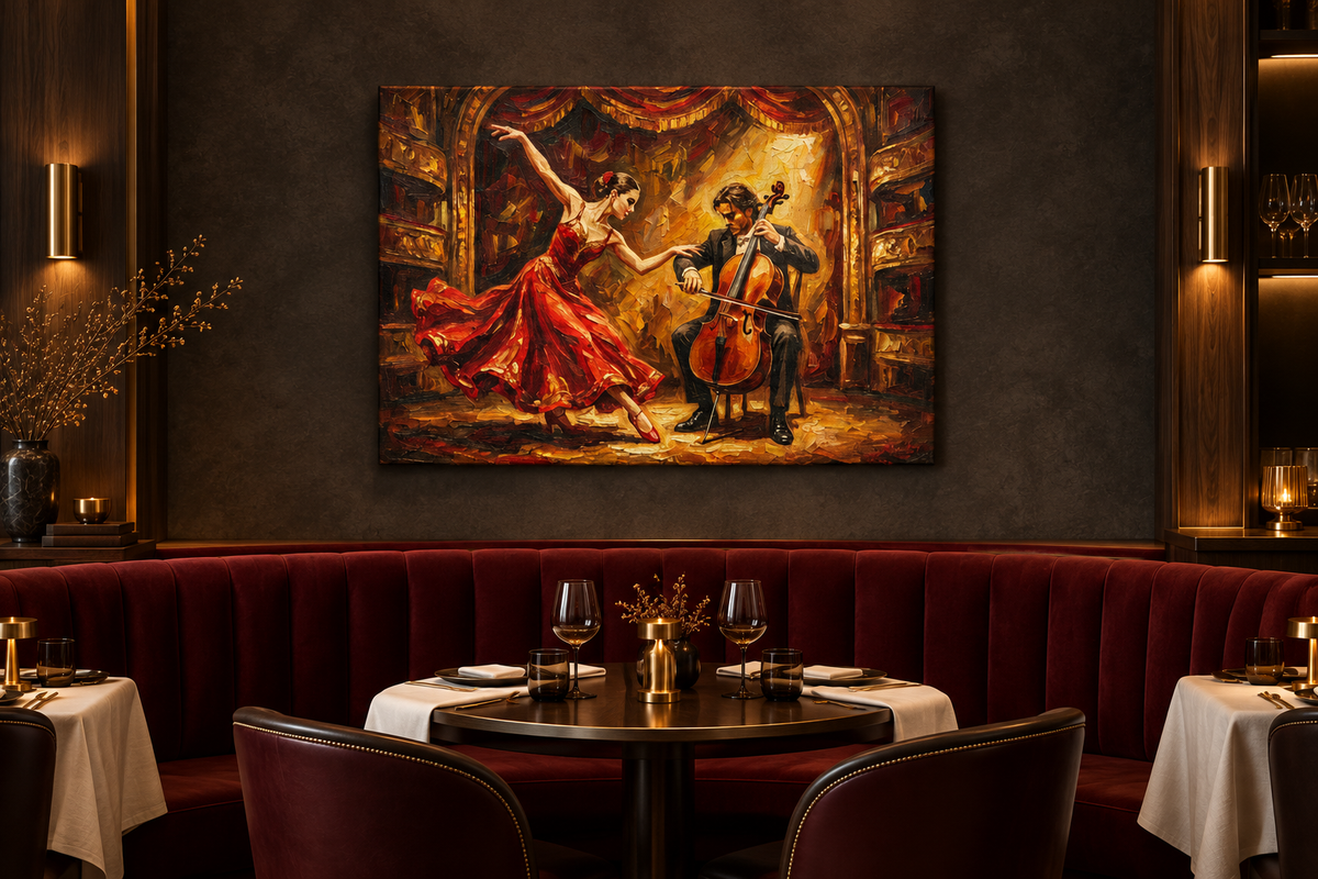 Dancer in a red dress and cellist canvas displayed in a fine dining restaurant - Portugal Canvas Co