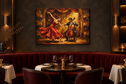 Dancer in a red dress and cellist canvas displayed in a fine dining restaurant - Portugal Canvas Co