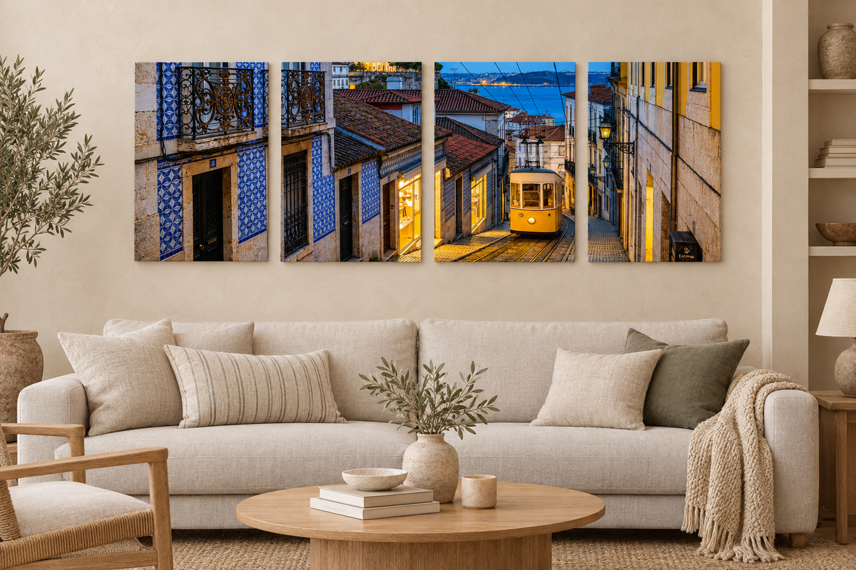 Lisbon yellow tram four-panel gallery-wrapped canvas in an ivory and oak living room - Portugal Canvas Co