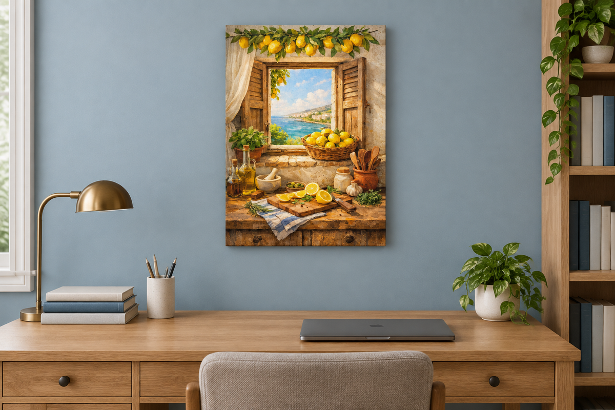 Mediterranean lemon and coastal window canvas displayed in a coastal blue home office - Portugal Canvas Co
