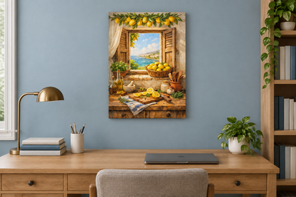 Mediterranean lemon and coastal window canvas displayed in a coastal blue home office - Portugal Canvas Co