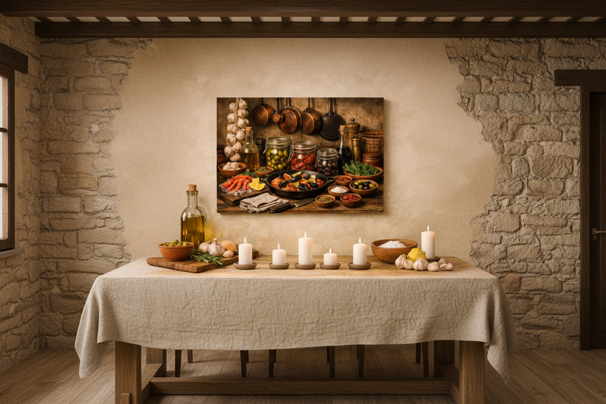 Mediterranean kitchen still life canvas wall art above dining table in a warm Mediterranean dining room with stone wall and candlelight - Portugal Canvas Co