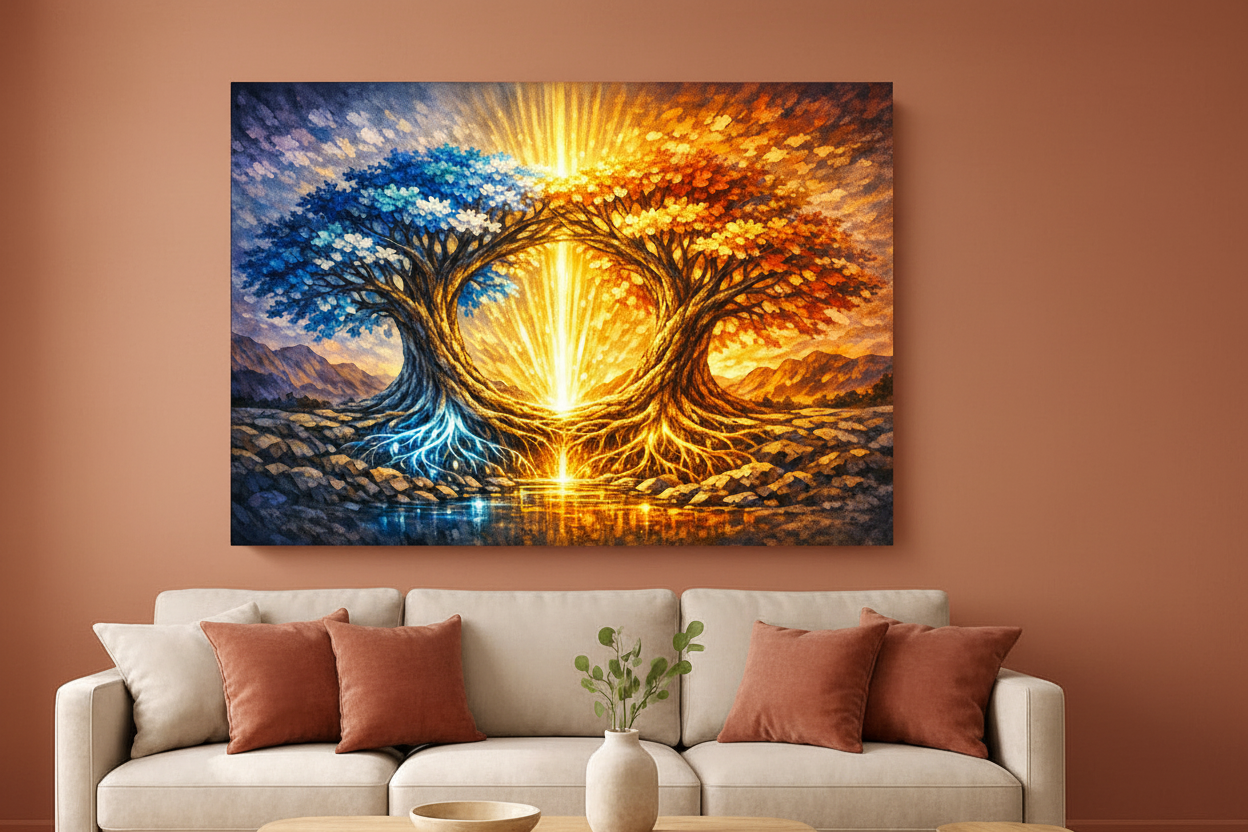 Dual element tree of light canvas wall art displayed on terracotta wall above cream linen sofa in warm Mediterranean living room - Portugal Canvas Co