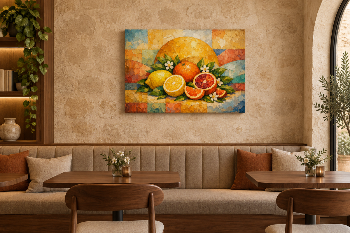 Citrus fruit still life gallery-wrapped canvas above banquette seating in a boutique cafe lounge - Portugal Canvas Co