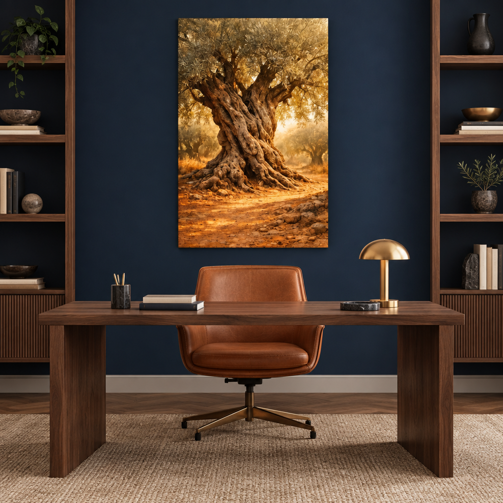 Ancient olive tree canvas above a walnut desk in a navy home study - Portugal Canvas Co