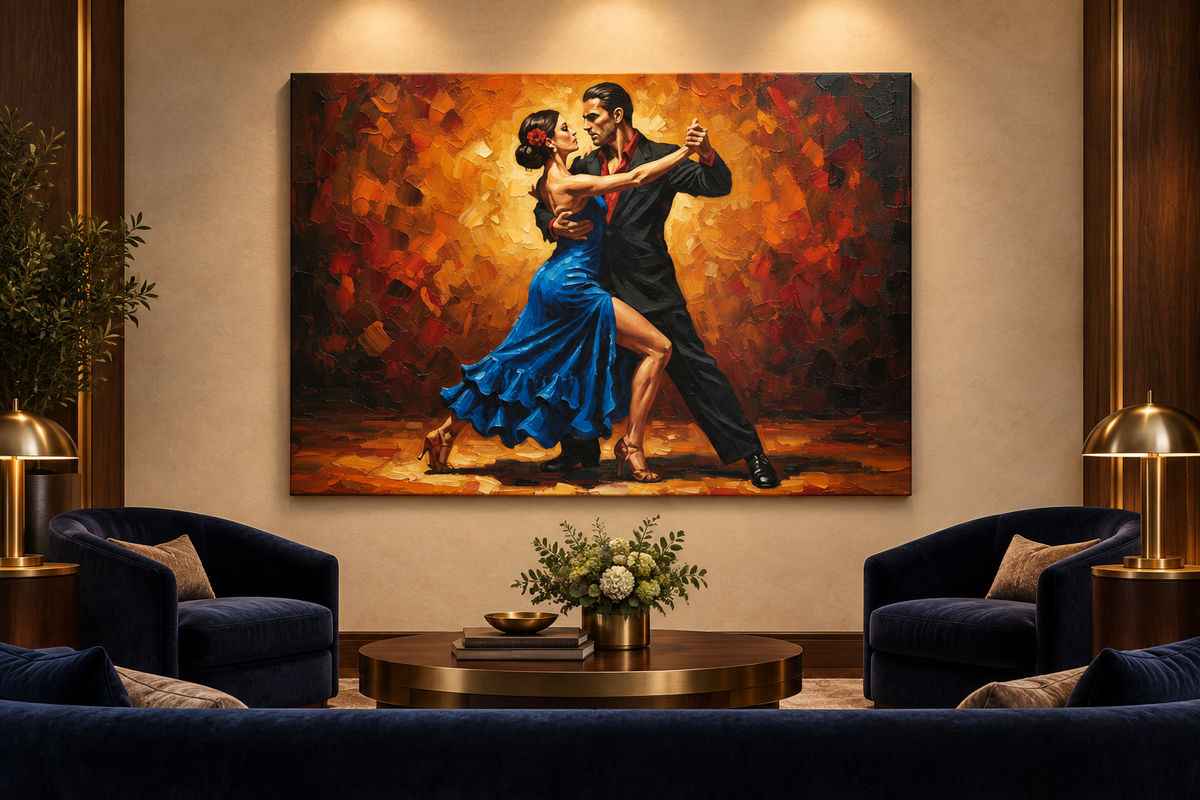 Blue dress tango couple canvas displayed in a luxury boutique hotel lounge - Portugal Canvas Co