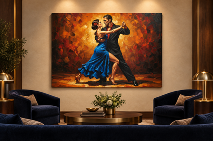 Blue dress tango couple canvas displayed in a luxury boutique hotel lounge - Portugal Canvas Co