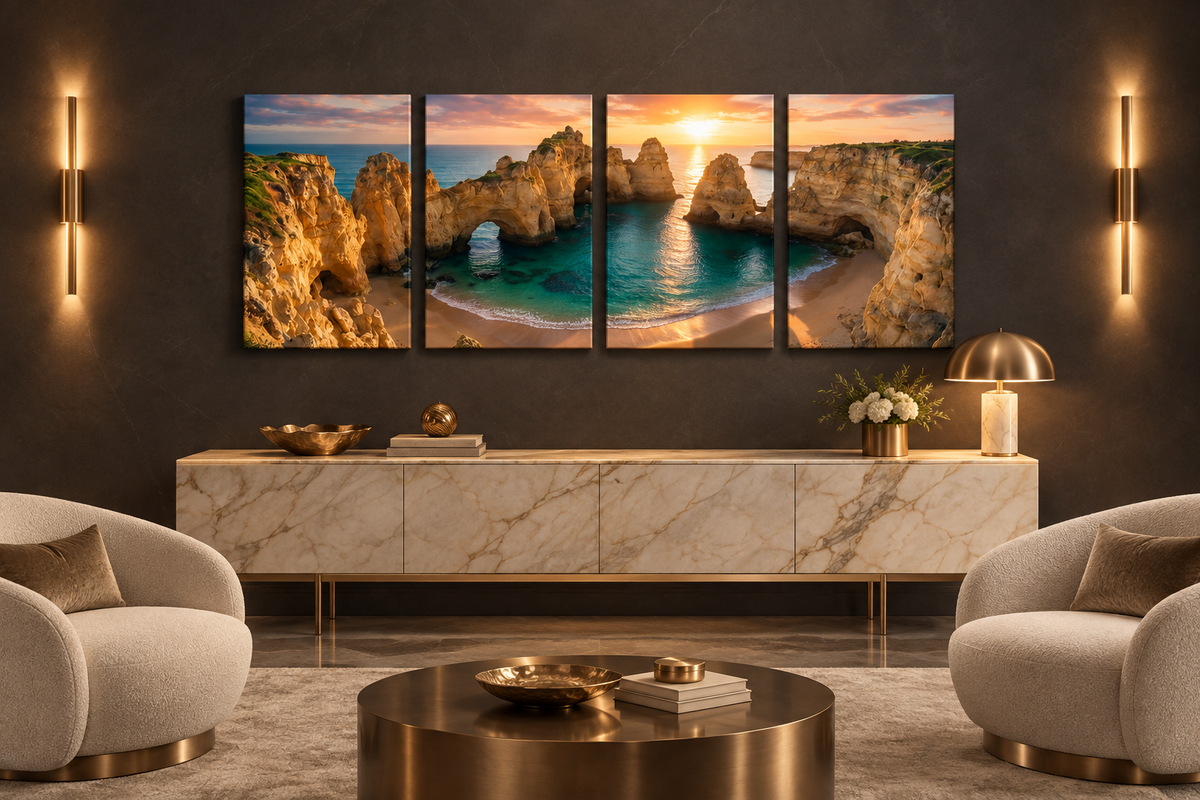 Four-panel Ponta da Piedade Algarve sunset canvas on a graphite wall in a luxury penthouse reception with a marble console - Portugal Canvas Co