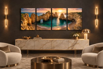 Four-panel Ponta da Piedade Algarve sunset canvas on a graphite wall in a luxury penthouse reception with a marble console - Portugal Canvas Co