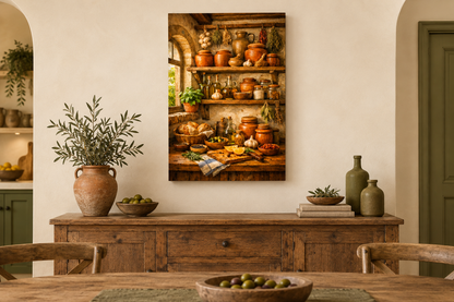 Mediterranean pantry still life canvas with terracotta pots, herbs and bread above a rustic dining room sideboard - Portugal Canvas Co