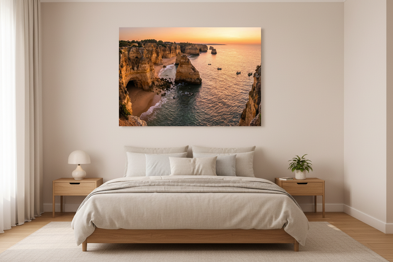 Algarve Praia da Marinha aerial view golden cliffs sea arches canvas wall art displayed above a bed in a bright minimalist bedroom - Portugal Canvas Co