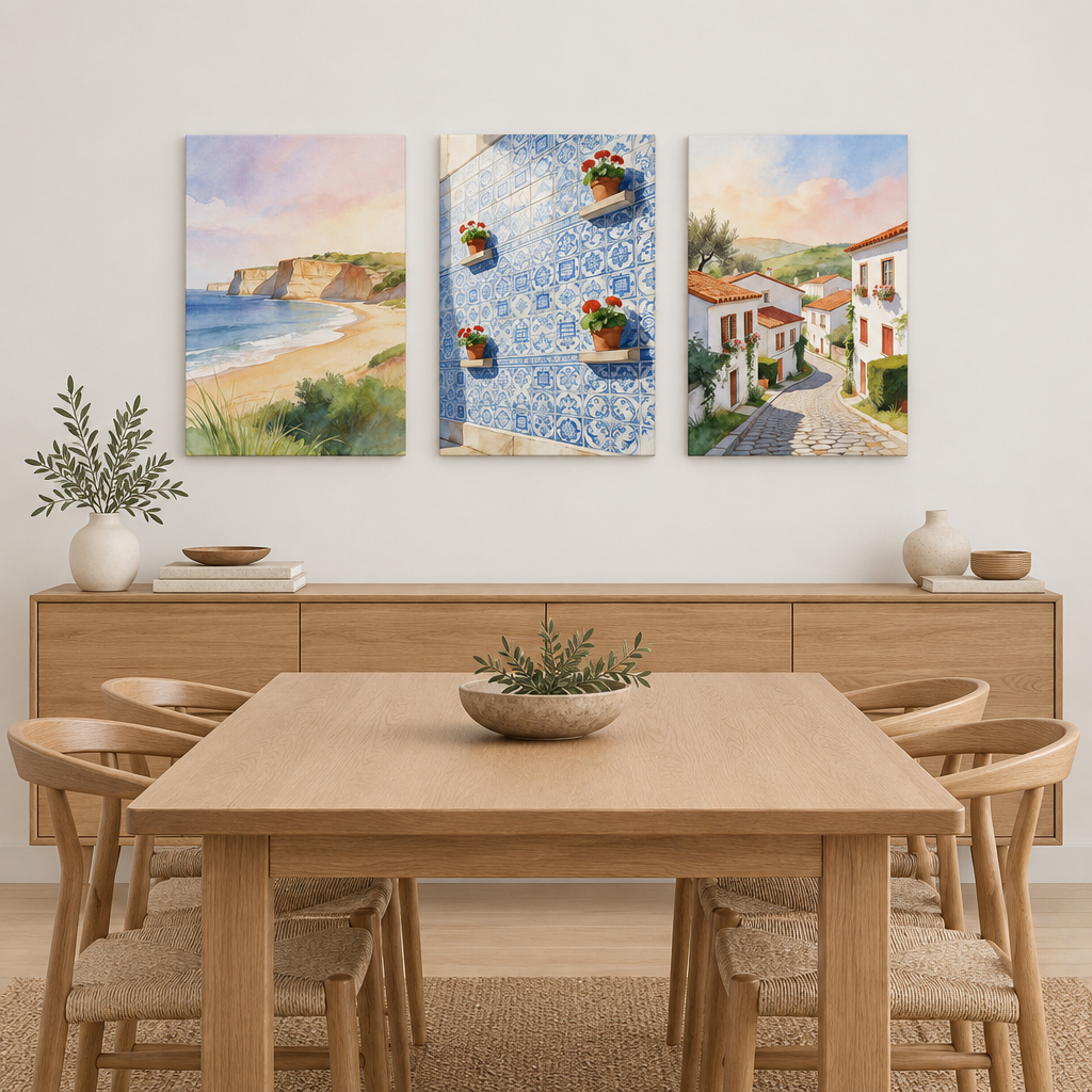 Three-piece Mediterranean canvas wall art above a dining room sideboard, beach, Portuguese tiles and village street - Portugal Canvas Co