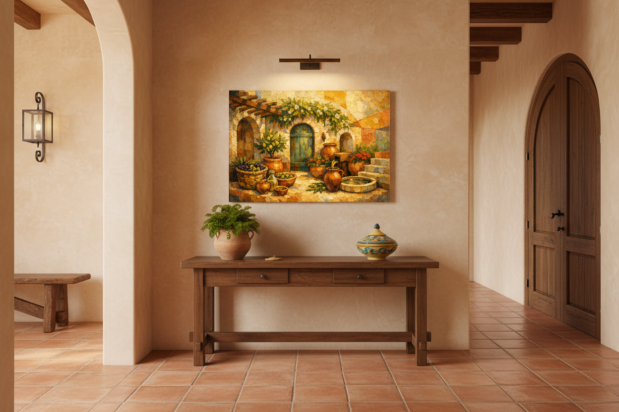 Mediterranean courtyard still life canvas wall art displayed in a warm rustic hallway entryway - Portugal Canvas Co