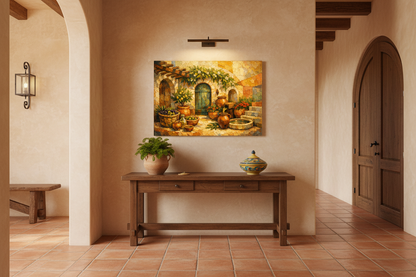 Mediterranean courtyard still life canvas wall art displayed in a warm rustic hallway entryway - Portugal Canvas Co