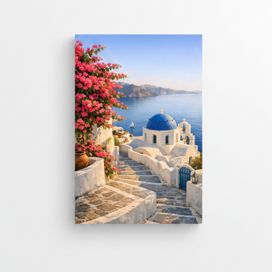 Santorini blue dome church canvas print with whitewashed architecture and pink bougainvillea on white background - Portugal Canvas Co