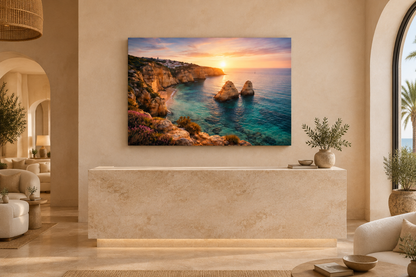 Praia da Marinha twin rock stacks and turquoise cove sunset canvas in luxury coastal hotel lobby - Portugal Canvas Co