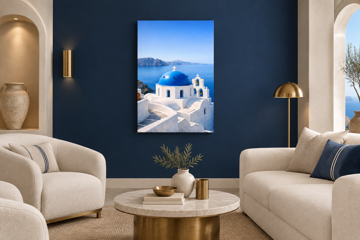 Portrait Santorini blue-dome canvas on a navy wall in an ivory-and-brass boutique hotel lounge - Portugal Canvas Co