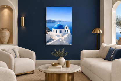 Portrait Santorini blue-dome canvas on a navy wall in an ivory-and-brass boutique hotel lounge - Portugal Canvas Co
