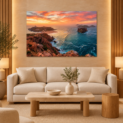 Algarve sunset headland and offshore rock canvas in calm spa waiting room - Portugal Canvas Co