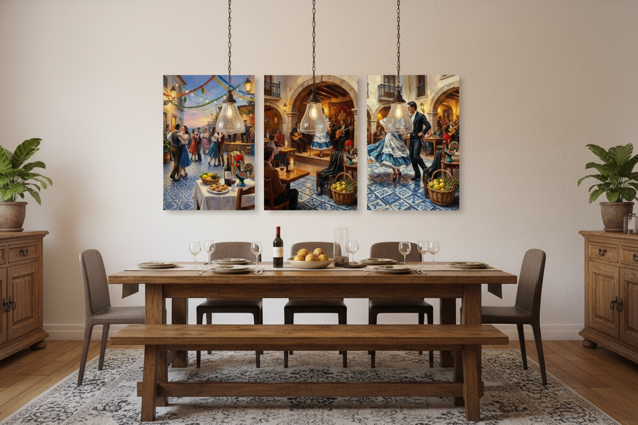 Portuguese cultural celebration triptych canvas wall art hung above a rustic wooden dining table in a warm cozy interior - Portugal Canvas Co