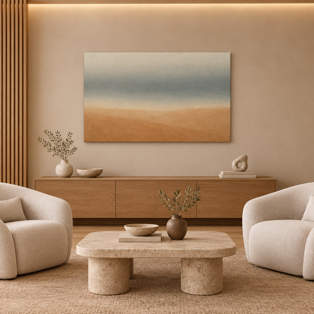 Muted grey-blue and sandy beige abstract horizon canvas in Japandi living room - Portugal Canvas Co