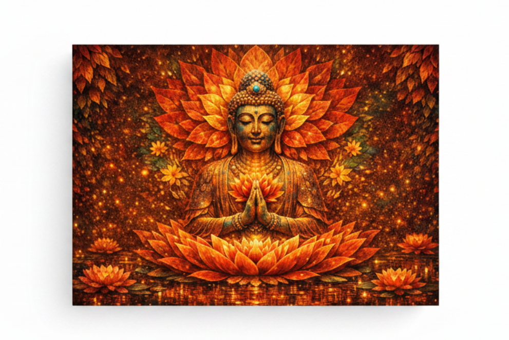 Radiant Buddha meditation golden lotus energy orange red glowing canvas print flat lay on white background - Portugal Canvas Co