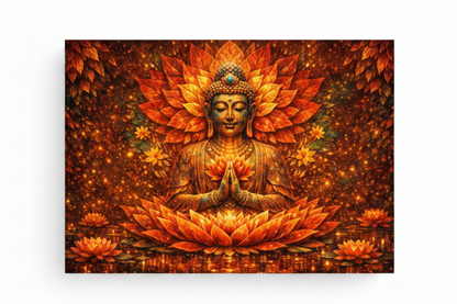 Radiant Buddha meditation golden lotus energy orange red glowing canvas print flat lay on white background - Portugal Canvas Co