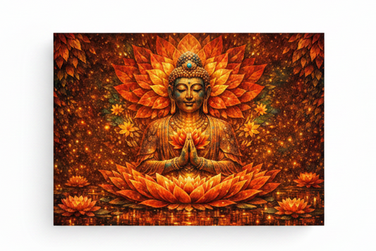 Radiant Buddha meditation golden lotus energy orange red glowing canvas print flat lay on white background - Portugal Canvas Co