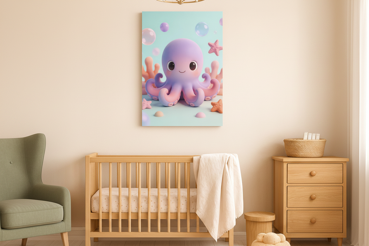 Cute octopus canvas wall art displayed in a sage green nursery with rattan furniture - Portugal Canvas Co