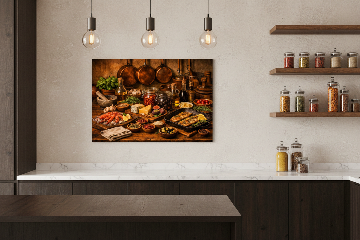 Mediterranean seafood and fish still life canvas wall art in modern kitchen with dark cabinetry and marble countertop - Portugal Canvas Co