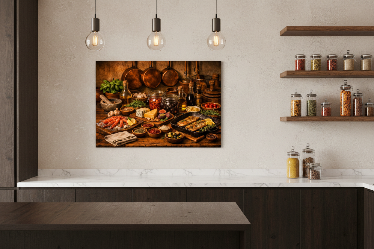 Mediterranean seafood and fish still life canvas wall art in modern kitchen with dark cabinetry and marble countertop - Portugal Canvas Co