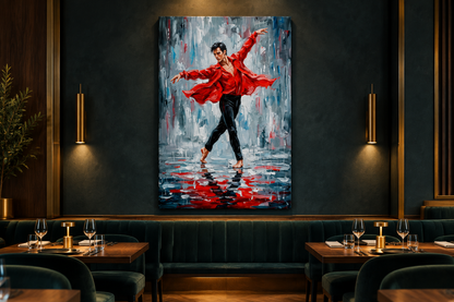 Red shirt male dancer canvas displayed in an upscale restaurant - Portugal Canvas Co