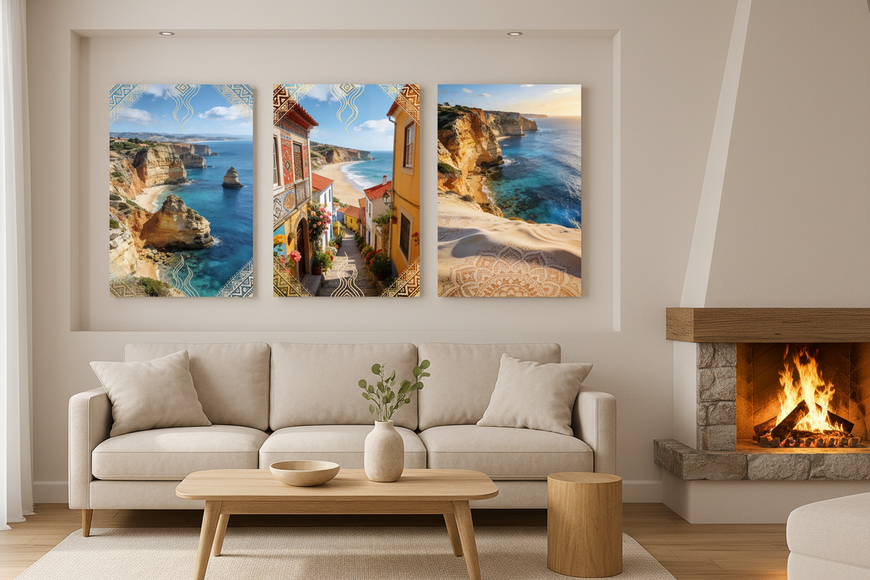 Portuguese coastal triptych canvas wall art set with Azulejo border hung in a recessed alcove beside a stone fireplace in an elegant living room - Portugal Canvas Co