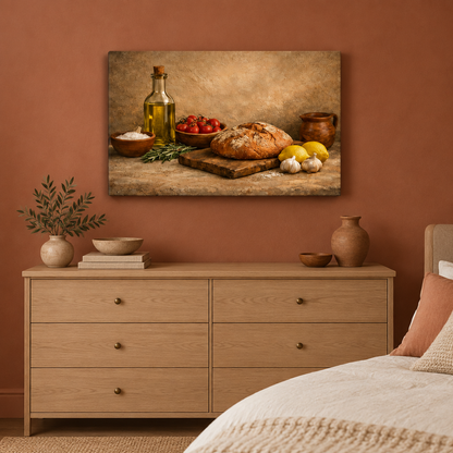 Mediterranean bread, olive oil and lemon still-life canvas above a dresser in a terracotta bedroom - Portugal Canvas Co