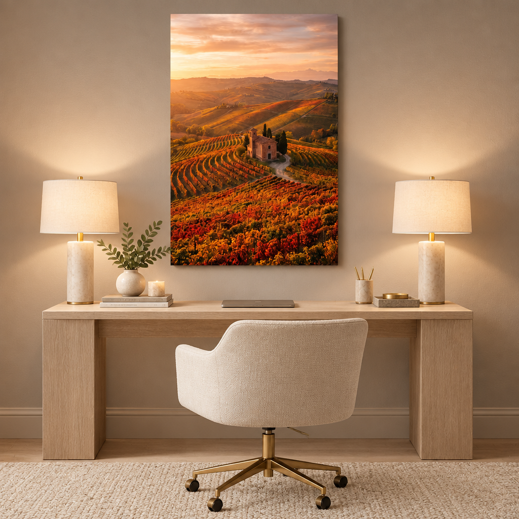 Portrait vineyard sunset canvas above a pale oak desk in a neutral greige office - Portugal Canvas Co