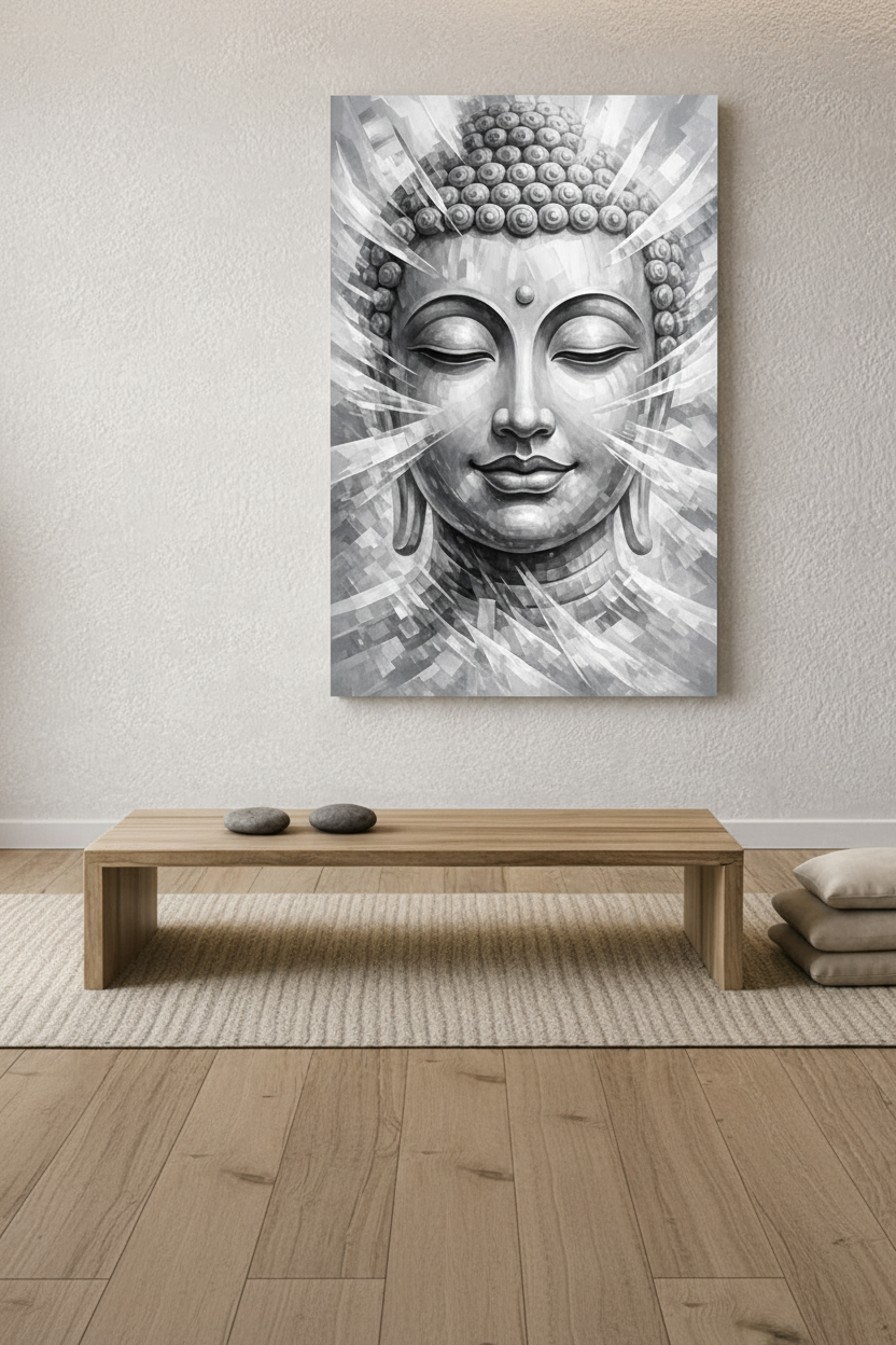 Monochrome grey white Buddha face abstract radiant canvas wall art in a minimalist meditation room with wooden bench and river stones - Portugal Canvas Co